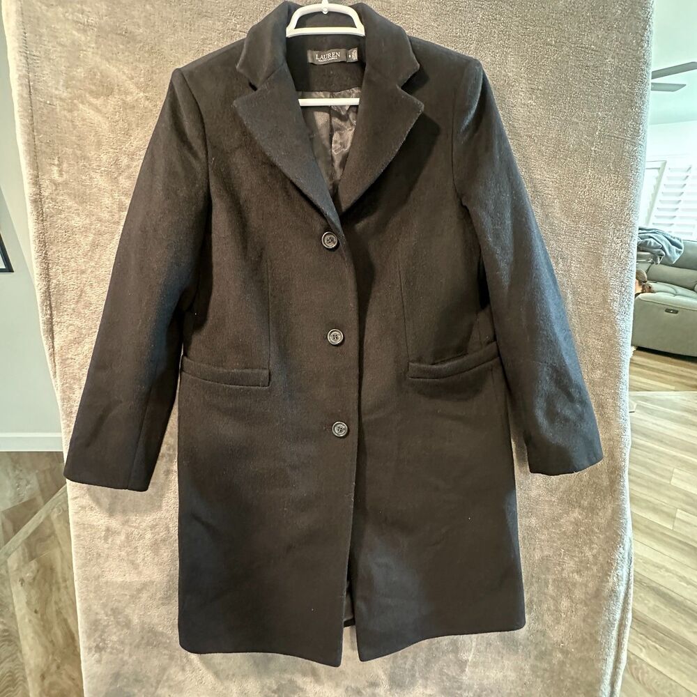 Women Black Wool Single Breasted 3-Button Ralph Lauren Walking Coat Overcoat 8